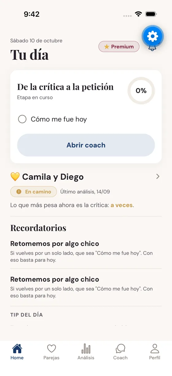 Pantalla de inicio de Balancea2: la etapa del plan en curso y el estado de la pareja.